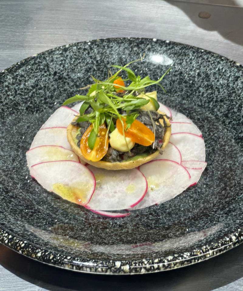 Sesión 2:
Cazuelitas de salpicón. Cazuelita crujiente de maíz, carne deshebrada de res marinada con chilmole, rábano, cilantro y huevo cocido.